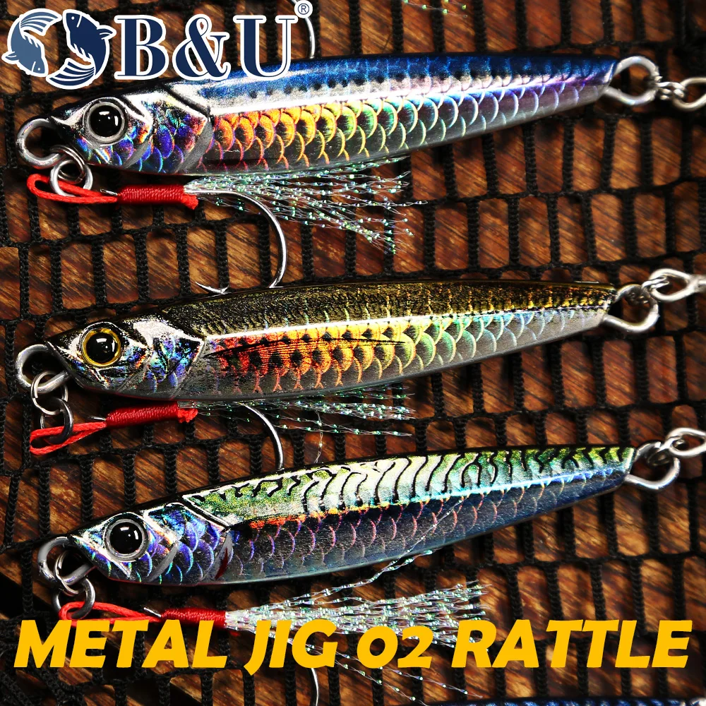 B&U 래틀 지그 바다 낚시는 금속 지그 40g 60g 80g 긴 캐스팅 루어 후크 스푼 낚시 태클로 인공 미끼를 회전합니다