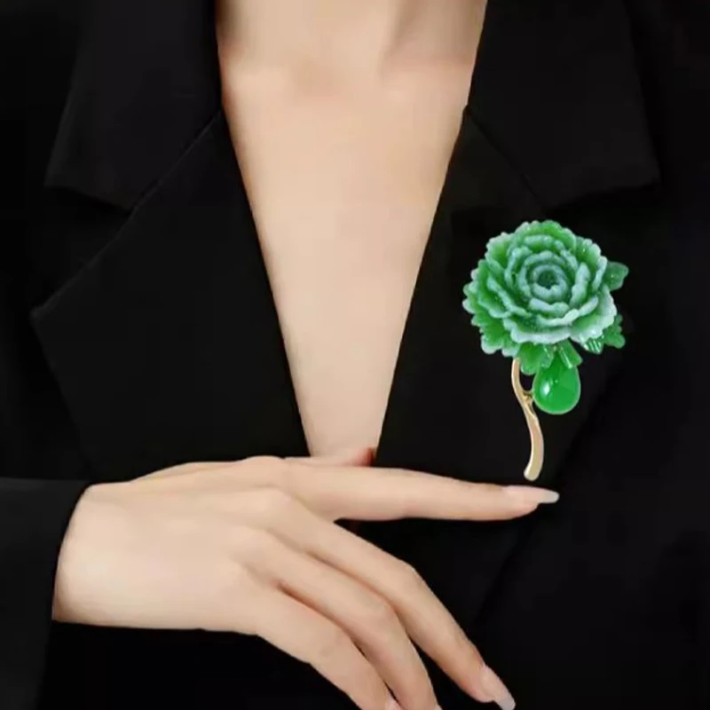 여자를위한 빈티지 수지 돌 녹색 모란 브로치 꽃 옷깃 핀 중국 스타일 파티 웨딩 정장 코트 쥬얼리 선물