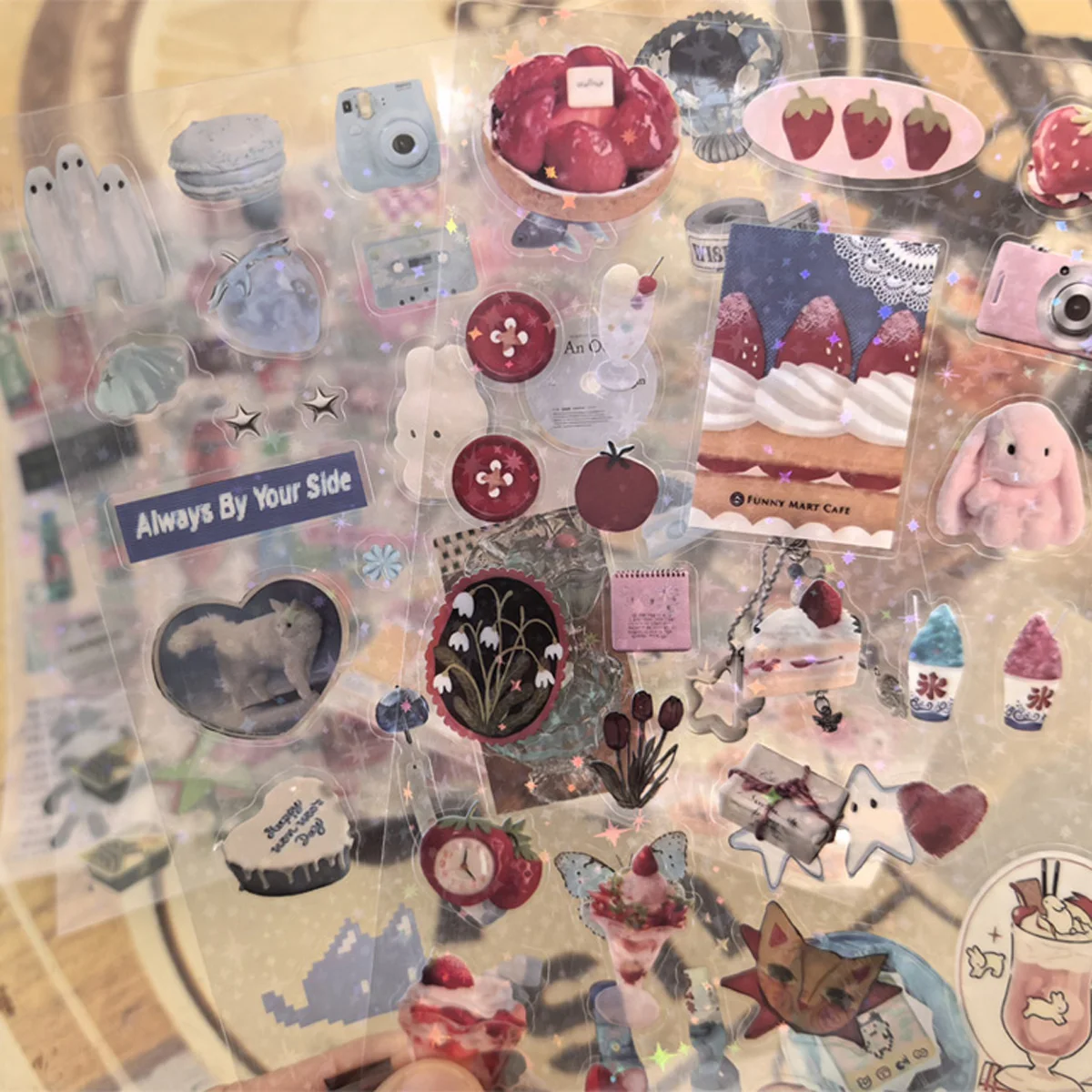 6pcs 반짝이 스티커 Y2K DIY Toploader Scrapbooking 저널 장식 스티커 전화 Kawaii 투명 애완 동물 스티커 선물