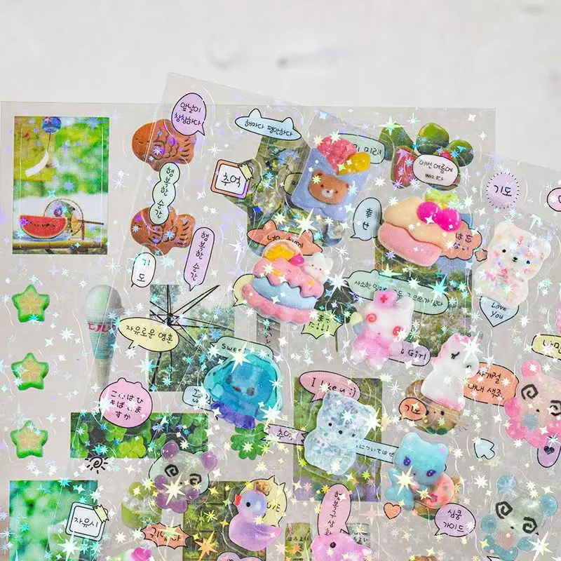 6pcs 반짝이 스티커 Y2K DIY Toploader Scrapbooking 저널 장식 스티커 전화 Kawaii 투명 애완 동물 스티커 선물