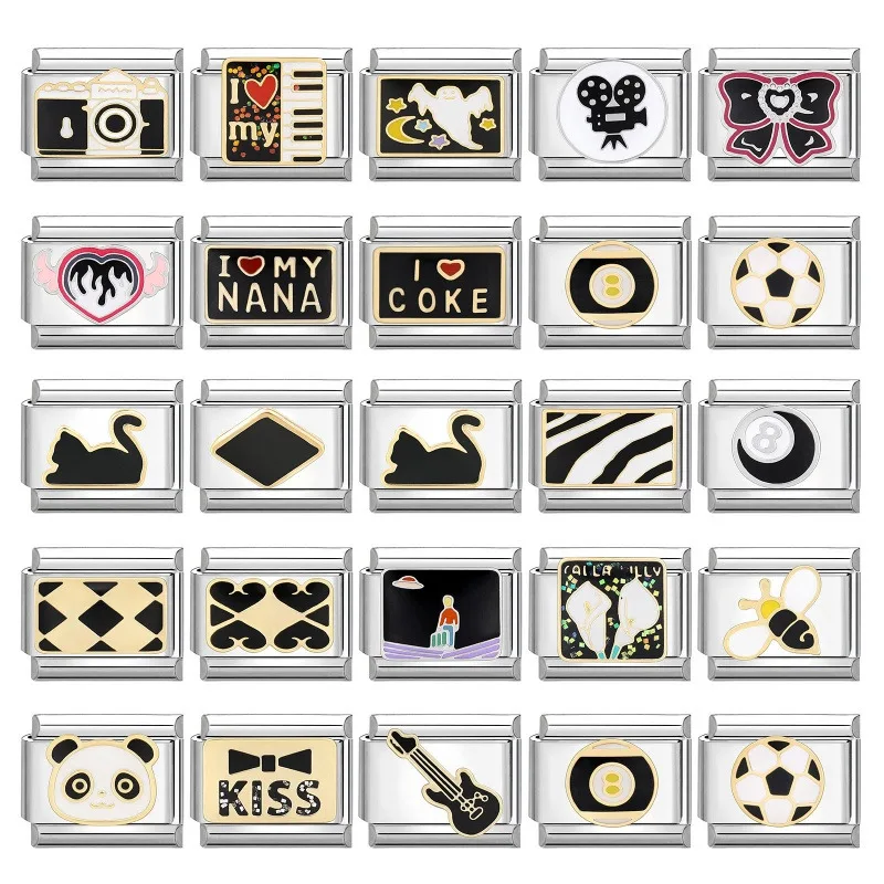 체커보드 팬더 코끼리 참 이탈리아 링크, 스테인레스 스틸 팔찌, DIY 쥬얼리 만들기, 패션 참 팔찌, 9mm