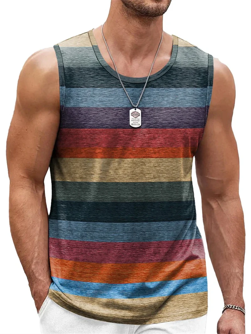 Retro Striped Graphic Tank Tops For Men Fashion Casual Summer Sleeveless 3D Printed Vest Loose Crew Neck Quick Dry Sports Tees