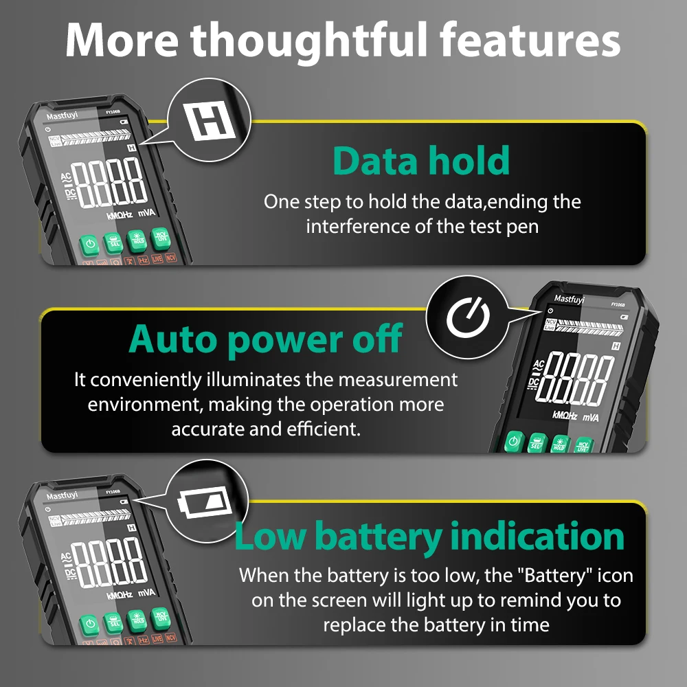 MASTFUYI 전문 디지털 멀티미터 600V/4A AC/DC 전압 전류 True RMS 자동 범위 볼트/앰프/옴/커패시턴스 테스터 도구