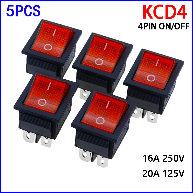 5pcs 2 위치 빨간불 로커 스위치 16A/250V KCD4-20 4 핀 ON/OFF 토글 스위치 35x25.5x10mm title=5pcs 2 위치 빨간불 로커 스위치 16A/250V KCD4-20 4 핀 ON/OFF 토글 스위치 35x25.5x10mm 