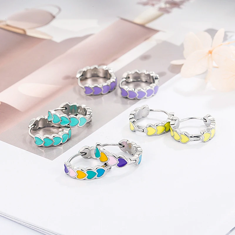 새로운 925 스털링 실버 여성 패션 쥬얼리 하트 다채로운 물방울 접착제 우아한 후프 귀걸이 소녀 생일 선물 후크 귀 서클