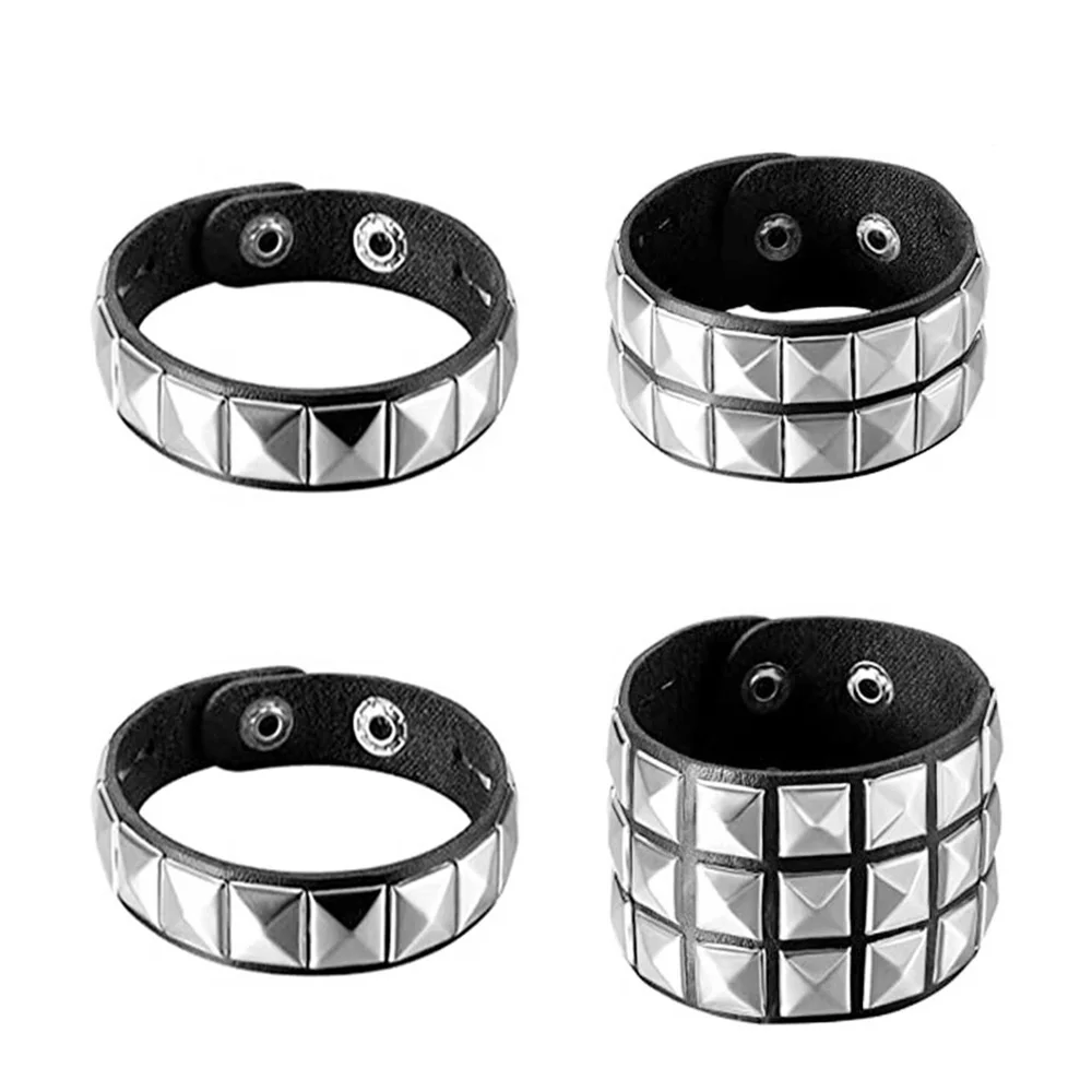 블랙 가죽 고스 스퀘어 와셔 리벳 팔찌 커프 팔찌 고딕 펑크 팔찌 완장 남성 여성을위한
