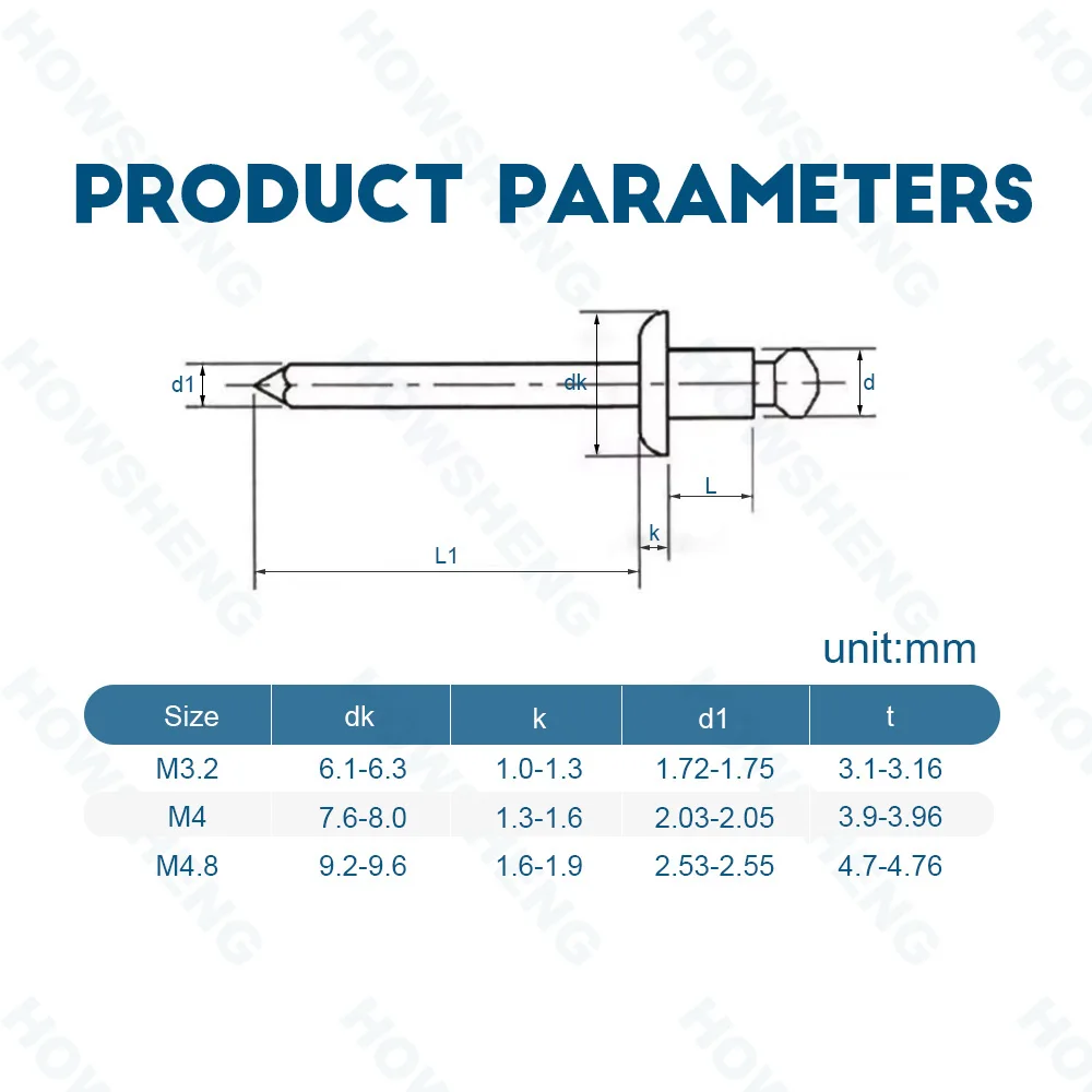 HOWSHENG 5-100pcs 돔 헤드 블라인드 리벳 팝 리벳 M2.4 M3.2 M4 M4.8 M6 자동차 용 알루미늄 생크 맨드릴 배기 리벳