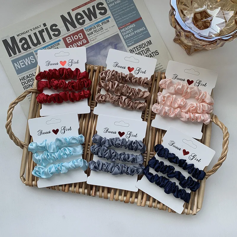 실크 새틴 작은 스크런치 세트, 단색 플리츠, 스크런치 탄성 헤어 타이 포니테일 홀더, 여성용 헤어 액세서리, 3PCs