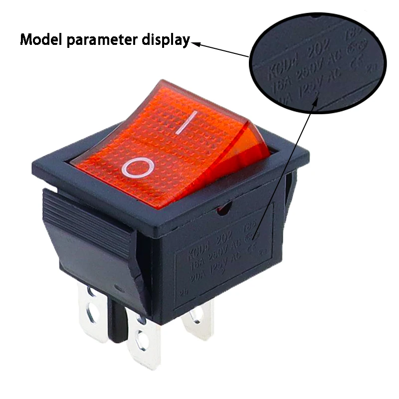 5pcs 2 위치 빨간불 로커 스위치 16A/250V KCD4-20 4 핀 ON/OFF 토글 스위치 35x25.5x10mm