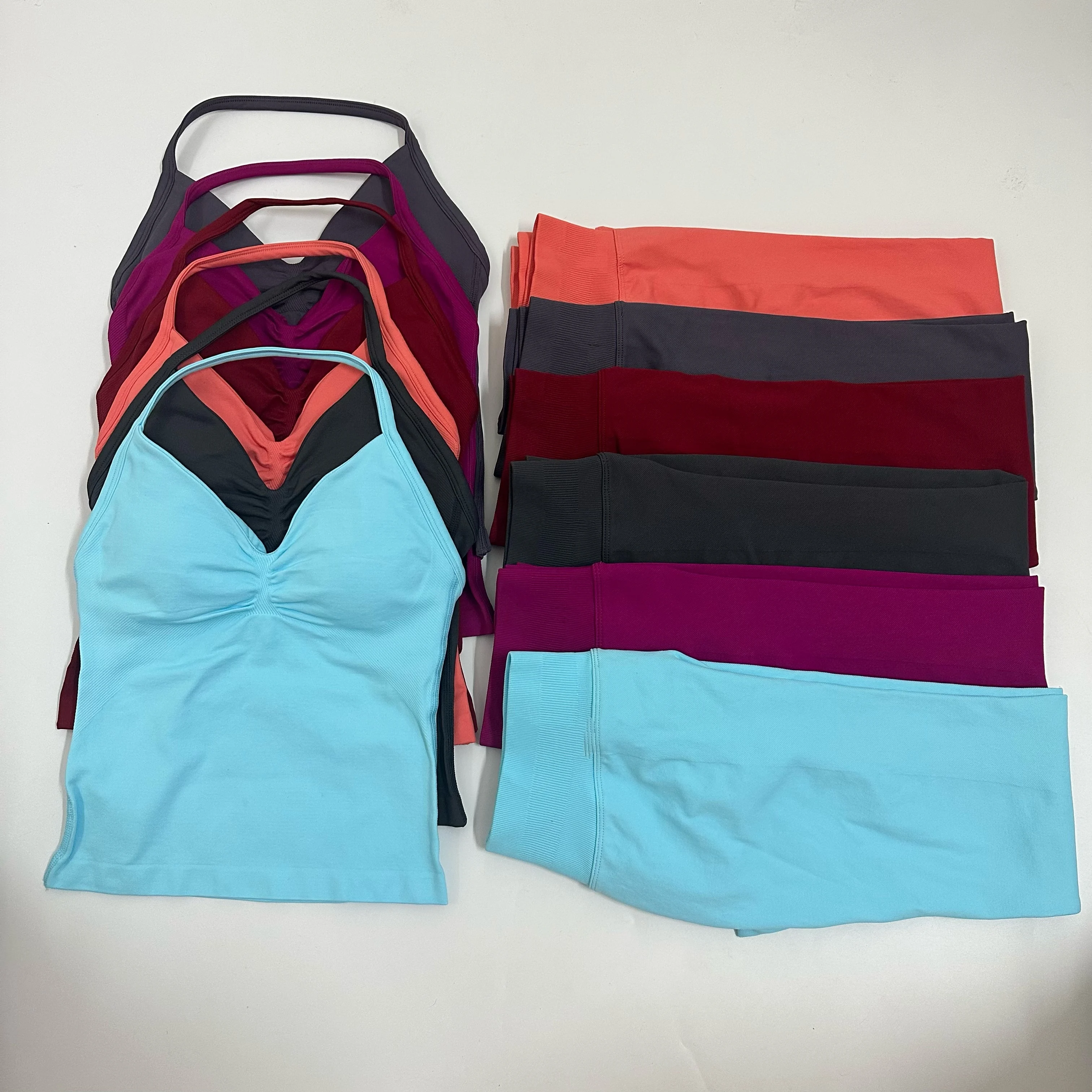 노로고 2피스 세트 요가 레깅스 세트 여성 백리스 탱크탑 하이웨이스트 스크런치 짐 슈트 피트니스 의류 아웃핏 요가 세트