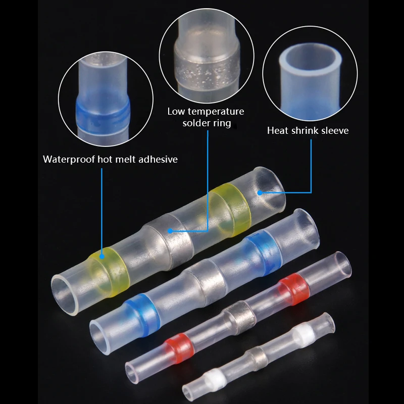 50/500Pcs 솔더 절연 전기 와이어 터미널 버트 스플 라이스 솔더 전기 커넥터 세트가있는 방수 열 수축 튜브