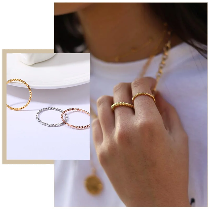 여성을위한 세련된 트위스트 로프 슬림 반지, 스테인레스 스틸 금속 결혼 반지 손가락 밴드, 새로운 우아한 간단한 빈티지 파티 쥬얼리
