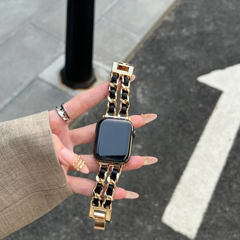 Apple Watch 밴드 용 여성용 금속 스트랩 10 9 8 Ultra 46mm 42mm 49mm 7 SE 6 5 41mm 45mm 44/40mm 레이디 골드 스틸 팔찌 팔찌