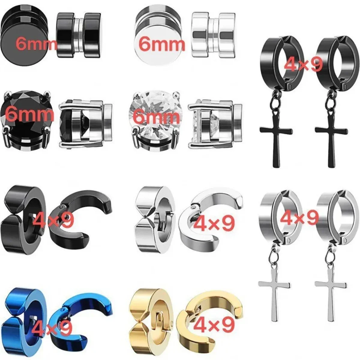 2pcs 펑크 망 강한 자석 자기 귀 스터드 세트, 비 피어싱 크로스 클립 온 귀걸이 적합한 선물 남자 친구 애인 쥬얼리