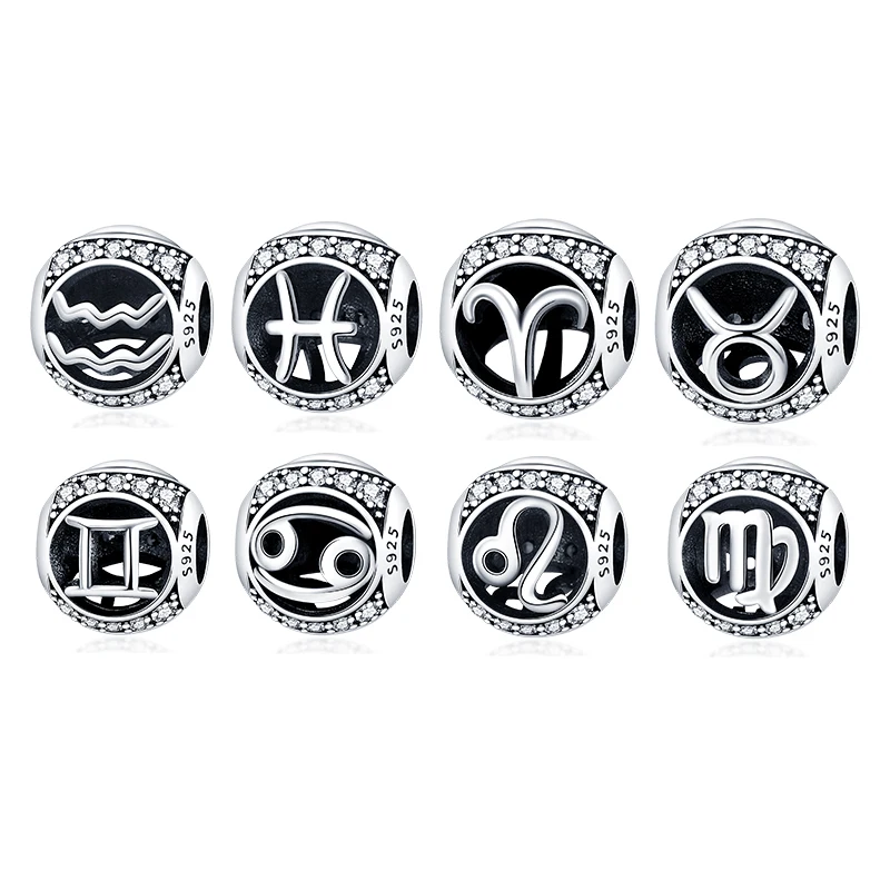 뜨거운 판매 925 스털링 실버 12 별자리 비즈 매력 여성을위한 원래 Pand 3mm 팔찌에 맞게 보석 생일 패션 선물