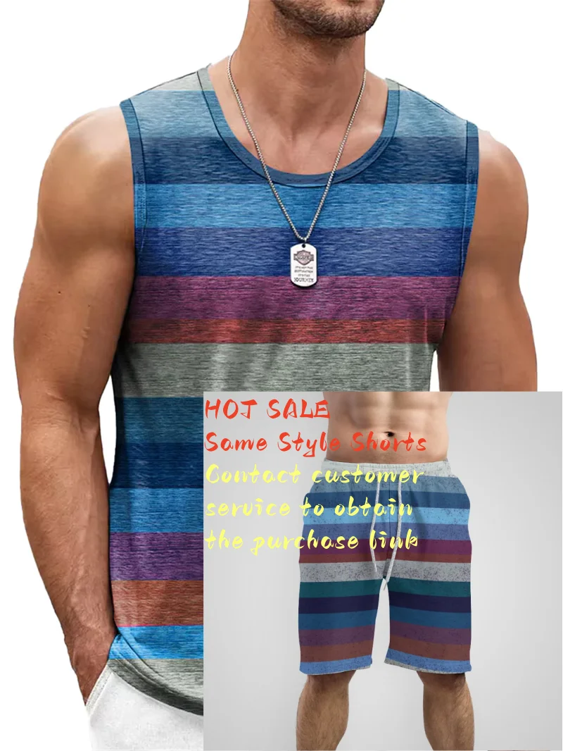 Retro Striped Graphic Tank Tops For Men Fashion Casual Summer Sleeveless 3D Printed Vest Loose Crew Neck Quick Dry Sports Tees