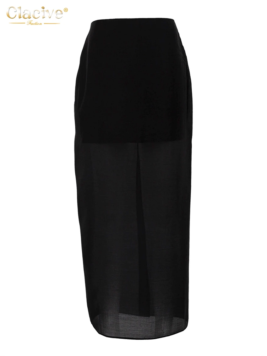 Clacive 패션 느슨한 Balck 여성 스커트 캐주얼 높은 허리 발목 길이 스커트 우아한 클래식 메쉬 스플 라이스 스커트 여성 의류
