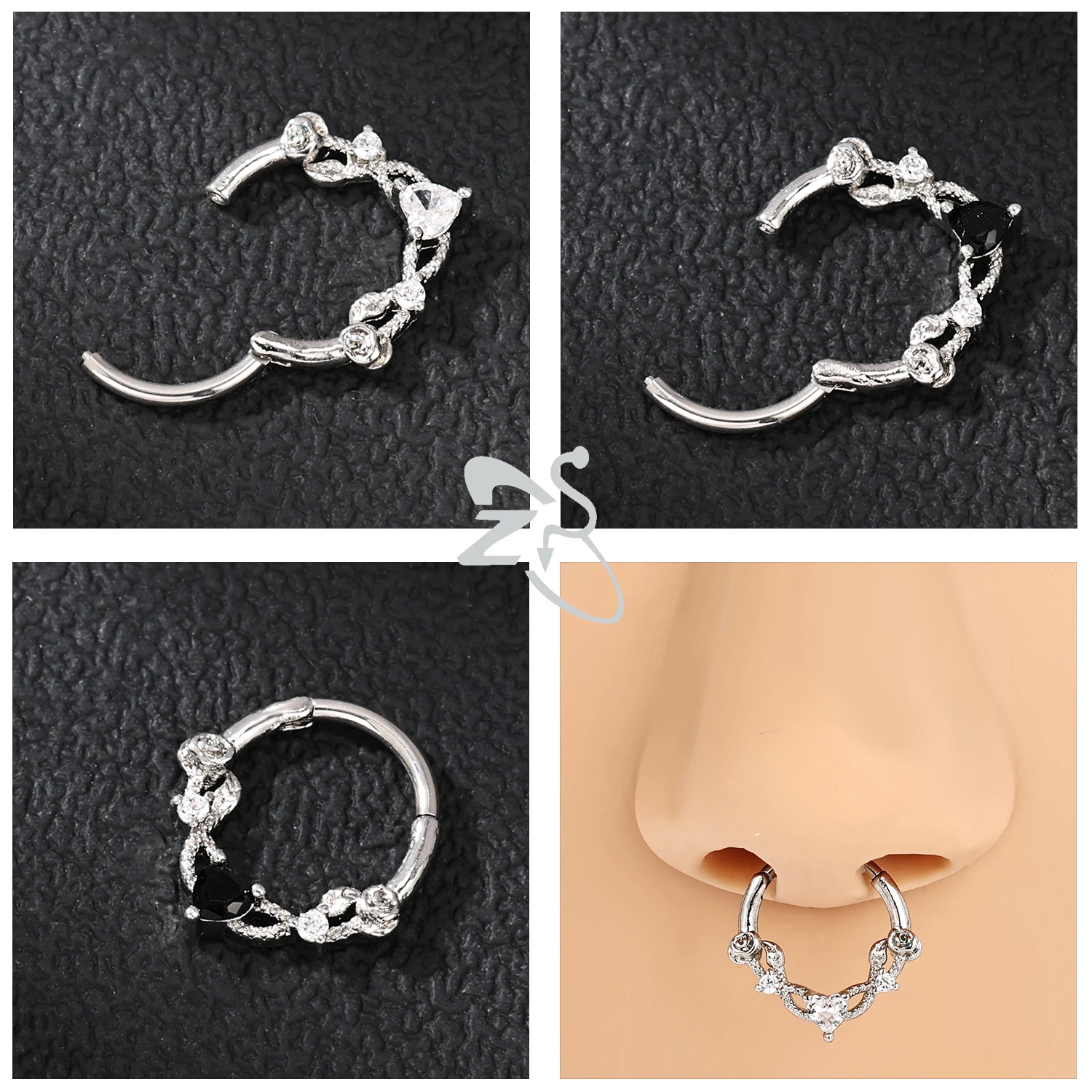 ZS 1PC 핑크 크리스탈 코 피어싱 실버 컬러 Septum 링 316L 스테인레스 스틸 코 리모콘 귀 헬릭스 연골 피어싱 16G