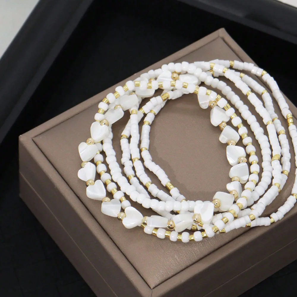 발렌타인 선물 b082에 대 한 섬세 한 흰색 구슬 심장 & 쉘 수 제 페르시 탄성 다층 팔찌 6pcs 세트