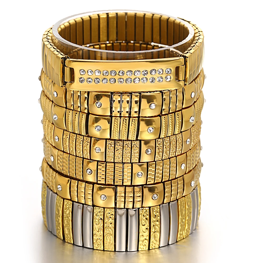 Freetry 18K 골드 도금 스테인레스 스틸 조절 팔찌 패션 탄성 금속 팔찌 유행 보석 액세서리 공식