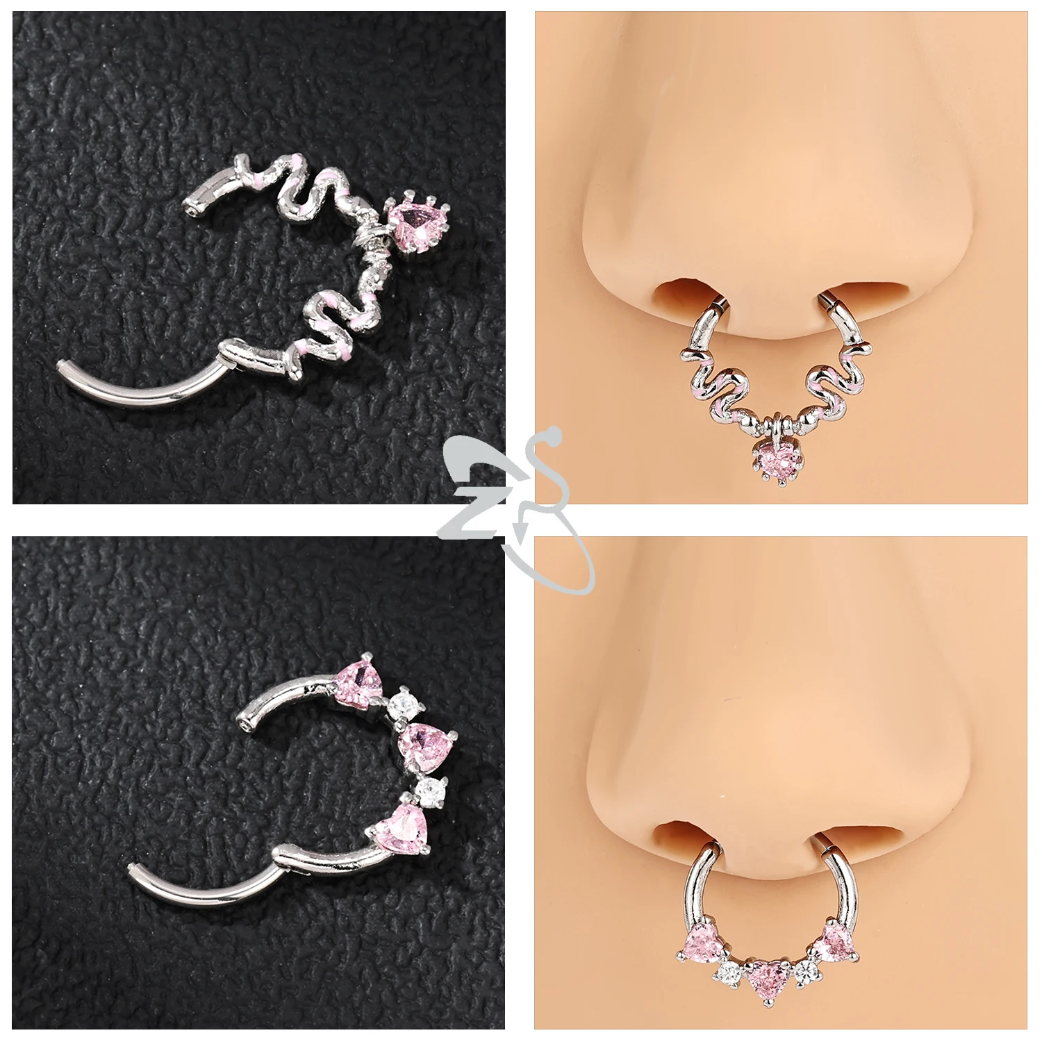 ZS 1PC 핑크 크리스탈 코 피어싱 실버 컬러 Septum 링 316L 스테인레스 스틸 코 리모콘 귀 헬릭스 연골 피어싱 16G