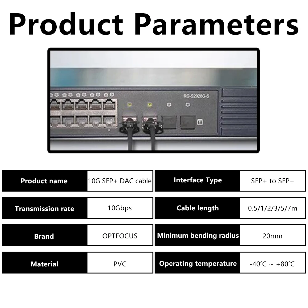 OPTFOCUS 10G SFP+ DAC 케이블 1m 3m 5m 10Gbps SFP+ Twinax DAC 케이블 Cisco MikroTik Intel 스위치 POE GBIC DAC 케이블과 호환 가능