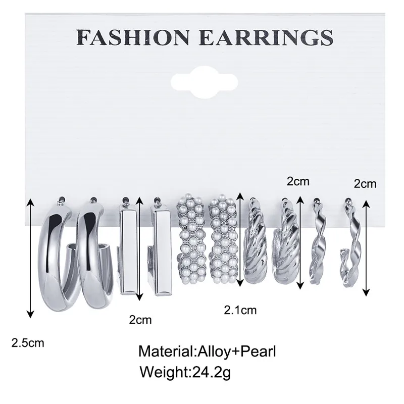 여자를위한 진주 실버 컬러 후프 귀걸이 세트 유행 나비 아크릴 중공 트위스트 기하학 매달려 귀걸이 쥬얼리 선물