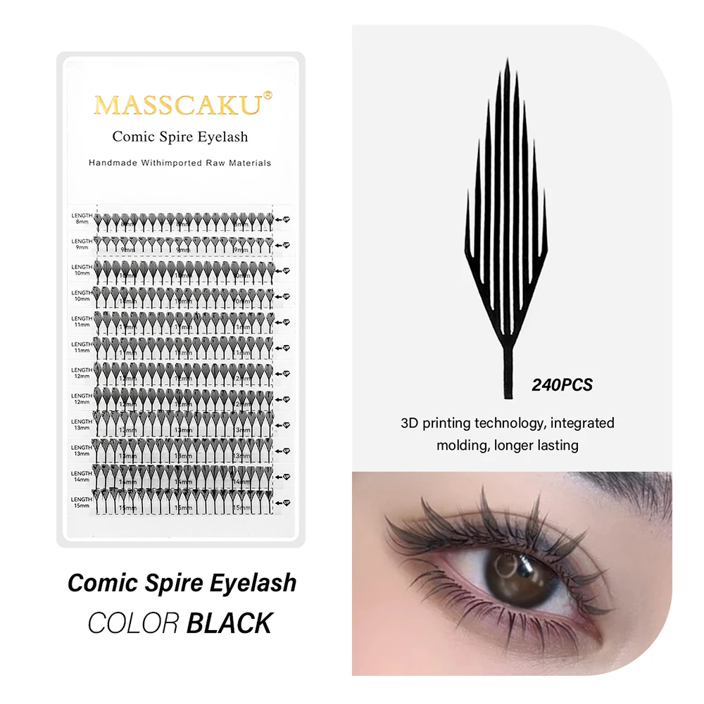 MASSCAKU 푹신한 코믹 스파이어 속눈썹 C/D 컬 0.05mm 깃털 모양의 미리 만들어진 팬 만화 요정 속눈썹 접목 용이