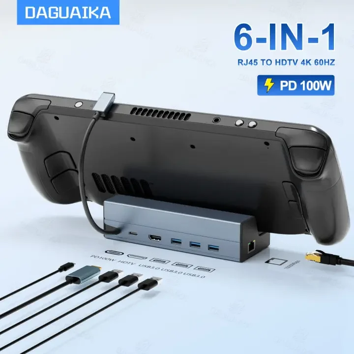 스팀덱 도크 6 in 1 스팀덱 Rog Ally 도킹 스테이션 스탠드 3개 USB 3.0 HDTV 4K@60Hz 기가비트 이더넷 PD 100W 허브 title=스팀덱 도크 6 in 1 스팀덱 Rog Ally 도킹 스테이션 스탠드 3개 USB 3.0 HDTV 4K@60Hz 기가비트 이더넷 PD 100W 허브