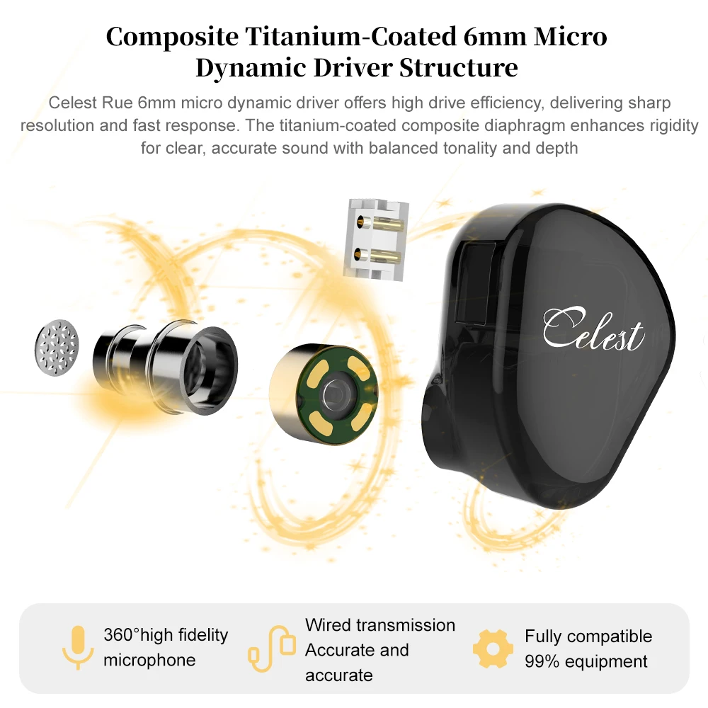 Kinera Celest Rue 이어폰 이어폰 복합 티타늄 다이어프램 6mm 마이크로 다이나믹 드라이버 헤드셋 케이블 Hifi 음악 IEM 선물용