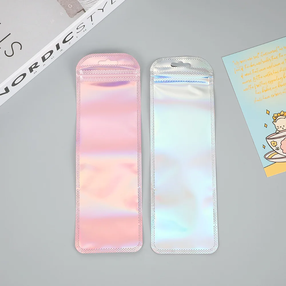 50pcs 긴 홀로그램 포장 가방 파티 네일 속눈썹 호의 음식 저장 보석 디스플레이 공급에 대 한 지 플락 레이저 인감 주머니