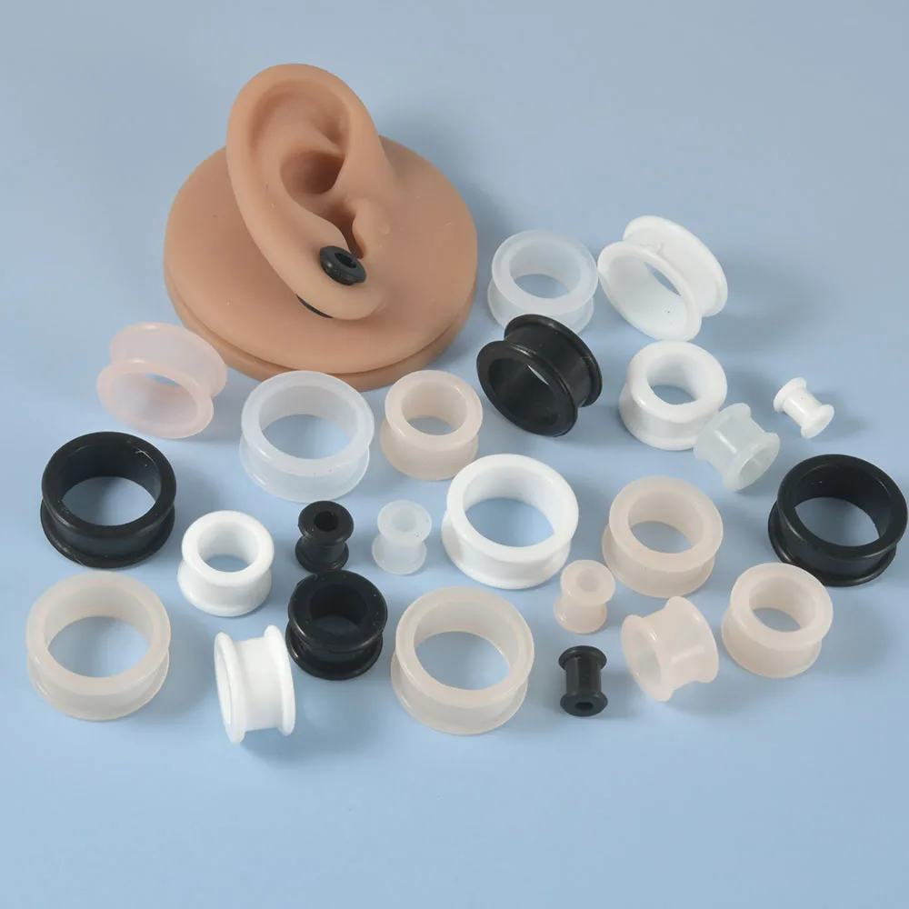 1 쌍 3mm-76mm 큰 크기 중공 검은 실리콘 유연한 더블 플레어 육체 귀 터널 플러그 게이지 확장기 들것 쥬얼리