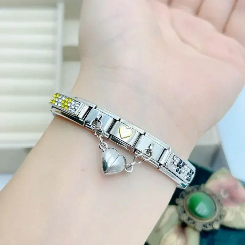 2025 새로운 여성 금색과 은색 사랑 커플 이탈리아어 매력 탄성 링크 맞는 9mm 스테인레스 스틸 모듈 형 팔찌 쥬얼리