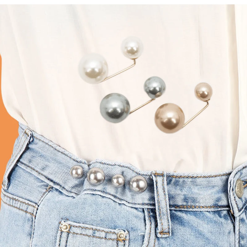 3 개/대 새로운 여성 허리띠 핀을 조이는 더블 진주 브로치 금속 옷깃 핀 스웨터 셔츠 카디건 브로치 액세서리