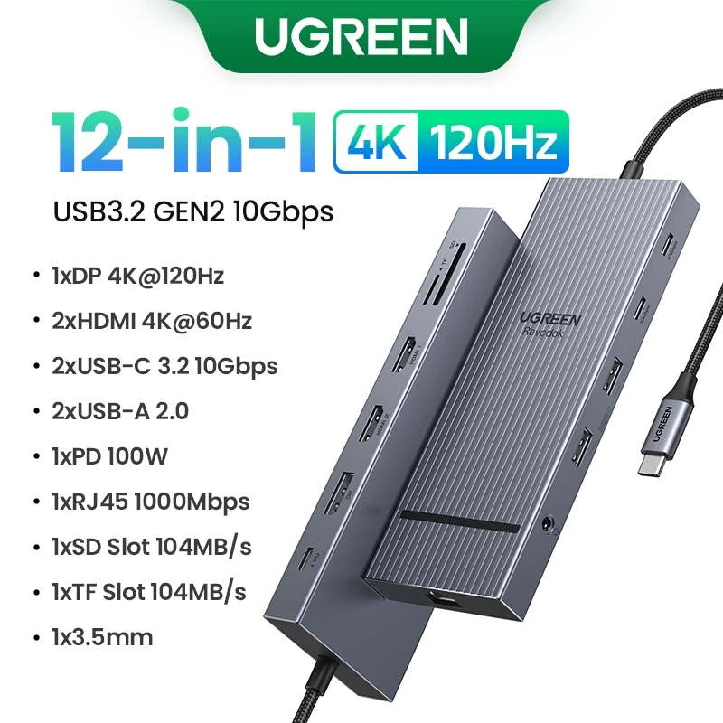 UGREEN 12-in-1 USB 허브 Type-C to 2HDMI 4K120Hz DP USB3.2 10Gbps SD/TF RJ45 PD100W 맥북 델 HP 노트북 액세서리 도킹 스테이션 title=UGREEN 12-in-1 USB 허브 Type-C to 2HDMI 4K120Hz DP USB3.2 10Gbps SD/TF RJ45 PD100W 맥북 델 HP 노트북 액세서리 도킹 스테이션 
