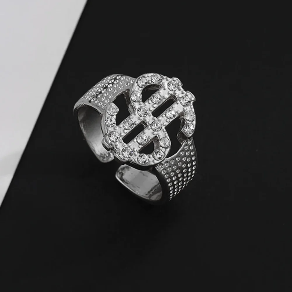 매력적인 골드 달러 사인 반지, 상감 라인석, 트렌디한 발렌타인 데이, 커플 쥬얼리 선물, 크기 조정 가능