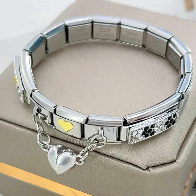 2025 새로운 여성 금색과 은색 사랑 커플 이탈리아어 매력 탄성 링크 맞는 9mm 스테인레스 스틸 모듈 형 팔찌 쥬얼리