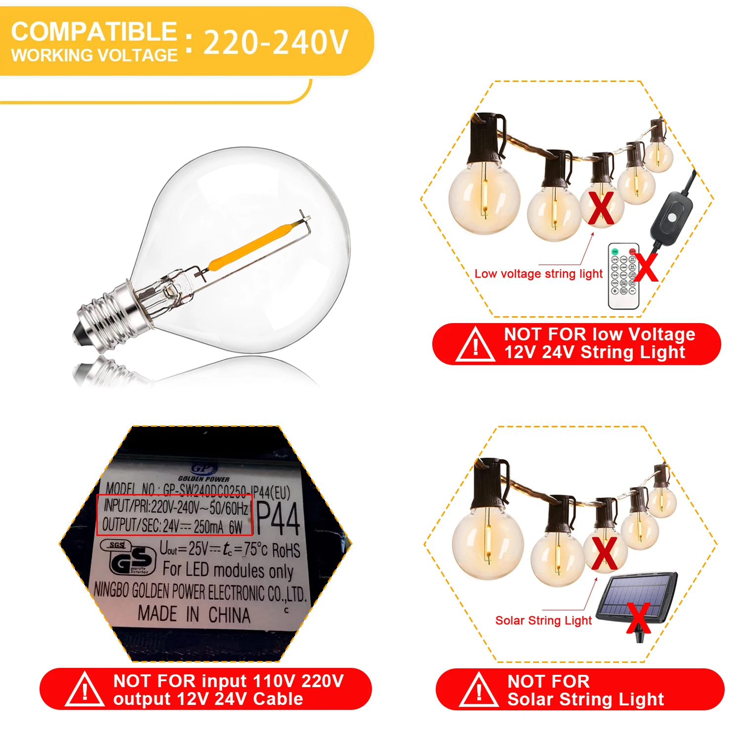 50개 G40 LED 스트링 라이트 교체 전구 E12 220V 110V 글로브 전구 따뜻한 백색 2200K 10W 상당 실내외 장식