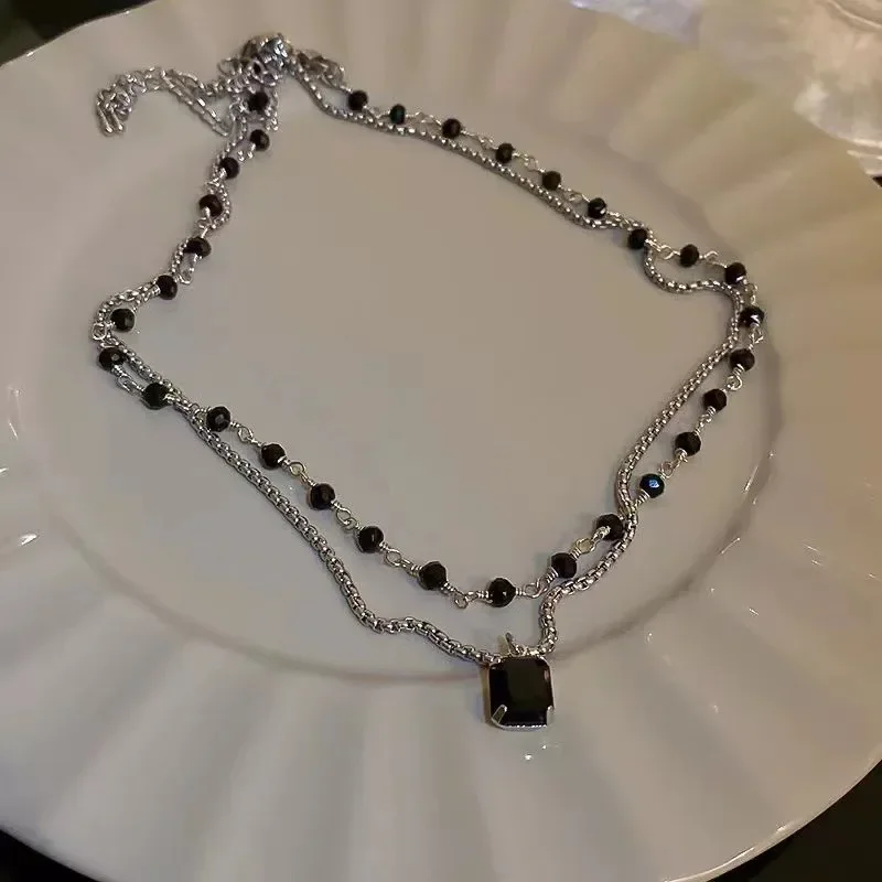 여성용 블랙 크리스탈 비즈 더블 레이어 목걸이, 맞춤형 패션 데일리 액세서리, 파티 쥬얼리, 생일 선물, 신제품