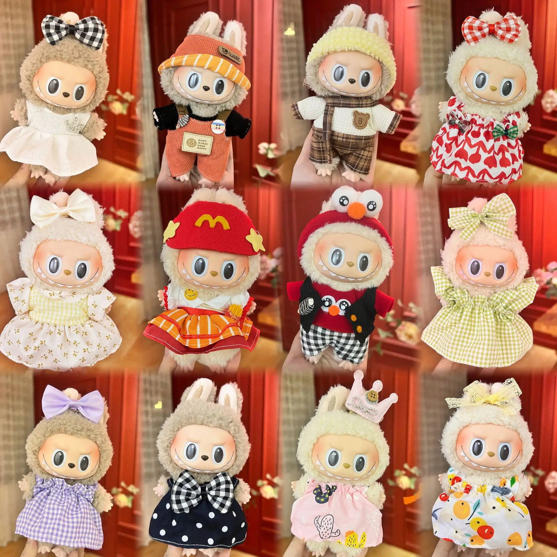 17cm V1V2 Labubu mcdonalds 의류 복장 작업 소녀 세트 귀여운 인형 작업복 의류 소년 복장 작업복 액세서리