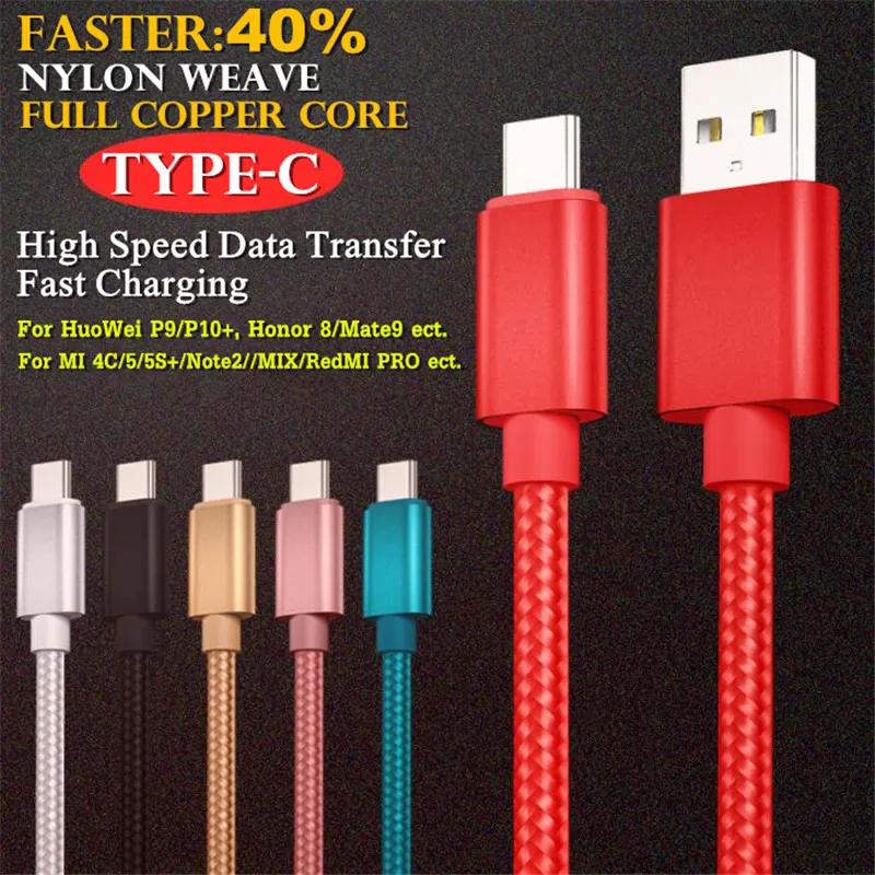 유형 C 마이크로 USB 안드로이드 V8 데이터 케이블 나일론 직조 삼성/HuaWei/MI/OPPO/MP3용 전체 구리 코어 고속 충전 및 전송 케이블