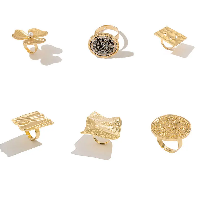 SHIXIN 여성을위한 크리 에이 티브 불규칙한 기하학적 인 사각형 라운드 오픈 반지 힙합 골드 컬러 조절 링 손가락 쥬얼리 2025 새로운