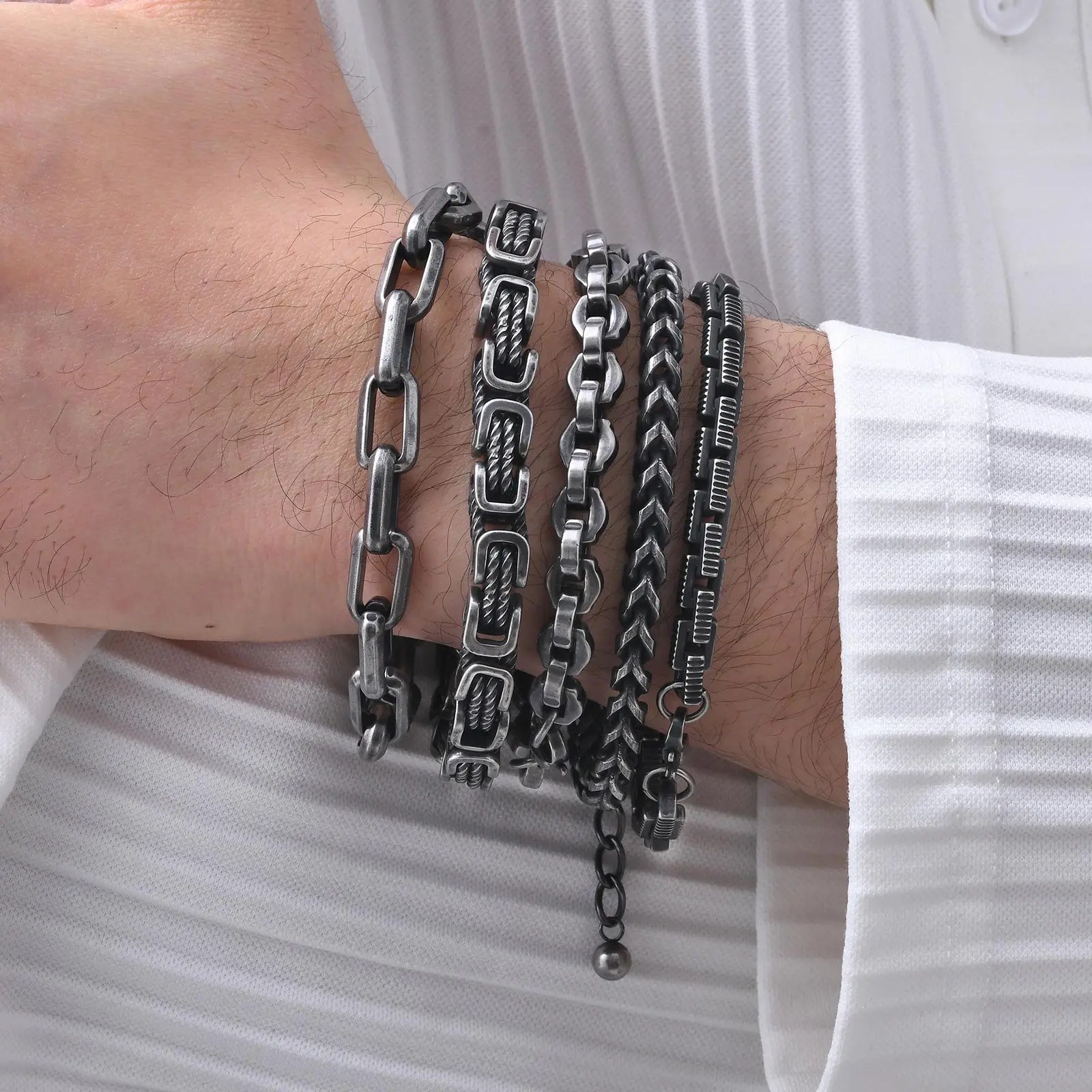 남성용 청키 비잔틴 팔찌, 레트로 그레이, 스테인레스 스틸 브레이드 링크 손목 밴드, 소년용 빈티지 쥬얼리 선물, 8mm