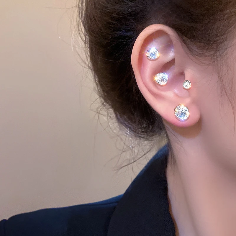 세련되고 우아한 여성의 크리스탈 마그네틱 귀 클립 천공 귀걸이 쥬얼리없이 럭셔리 지르콘 라운드 귀걸이