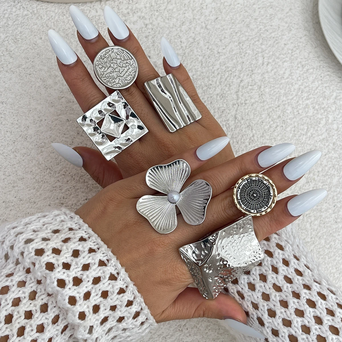 SHIXIN 여성을위한 크리 에이 티브 불규칙한 기하학적 인 사각형 라운드 오픈 반지 힙합 골드 컬러 조절 링 손가락 쥬얼리 2025 새로운