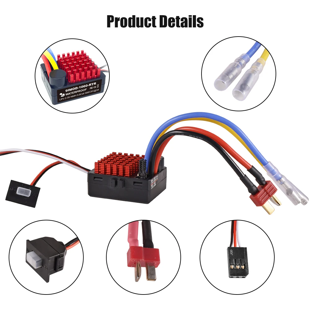 9IMOD 1060 RTR 60A ESC 브러시 전자 속도 컨트롤러 2-3S LiPo 방수 BEC 6V3A 1/10 축 SCX10 TRX4 TRX6 D90 HPI