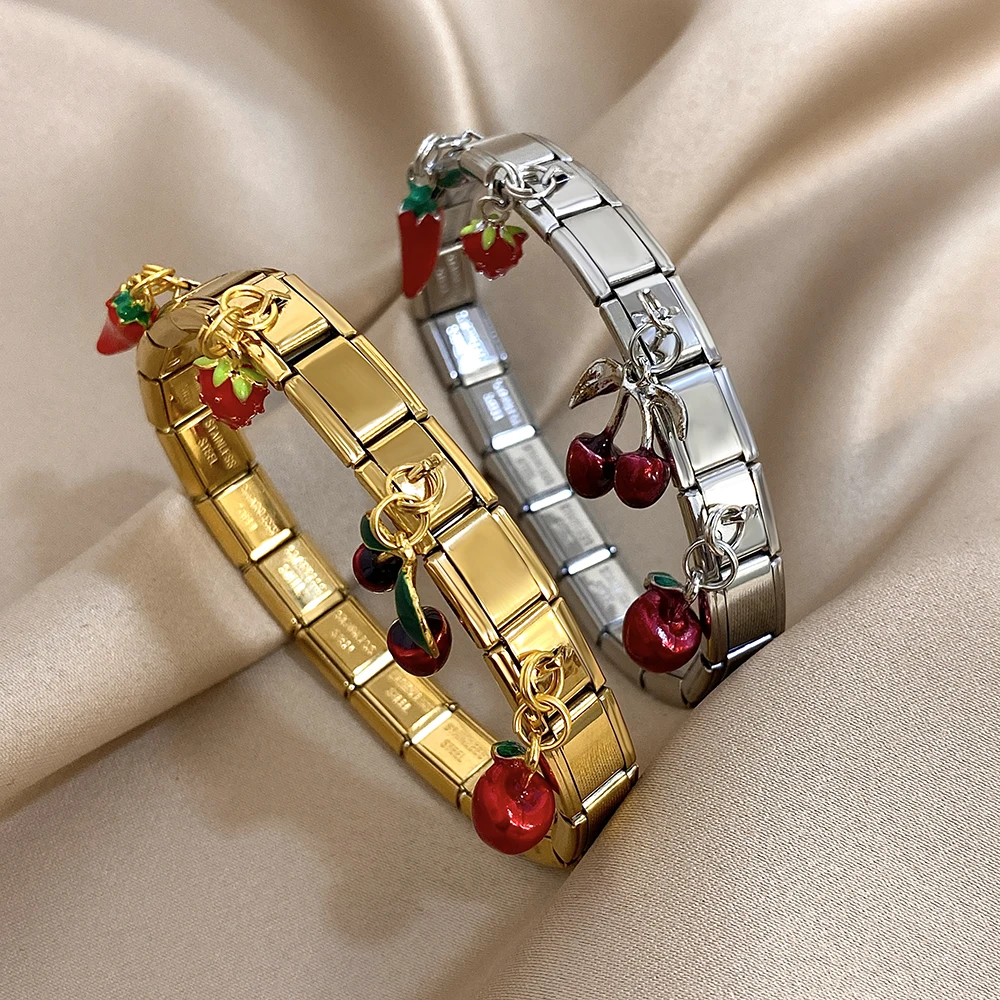 기하학 사각형 스테인레스 스틸 탄성 스트랩 팔찌 여성을위한 딸기 체리 애플 펜던트 팔찌 핸드 쥬얼리 title=기하학 사각형 스테인레스 스틸 탄성 스트랩 팔찌 여성을위한 딸기 체리 애플 펜던트 팔찌 핸드 쥬얼리 
