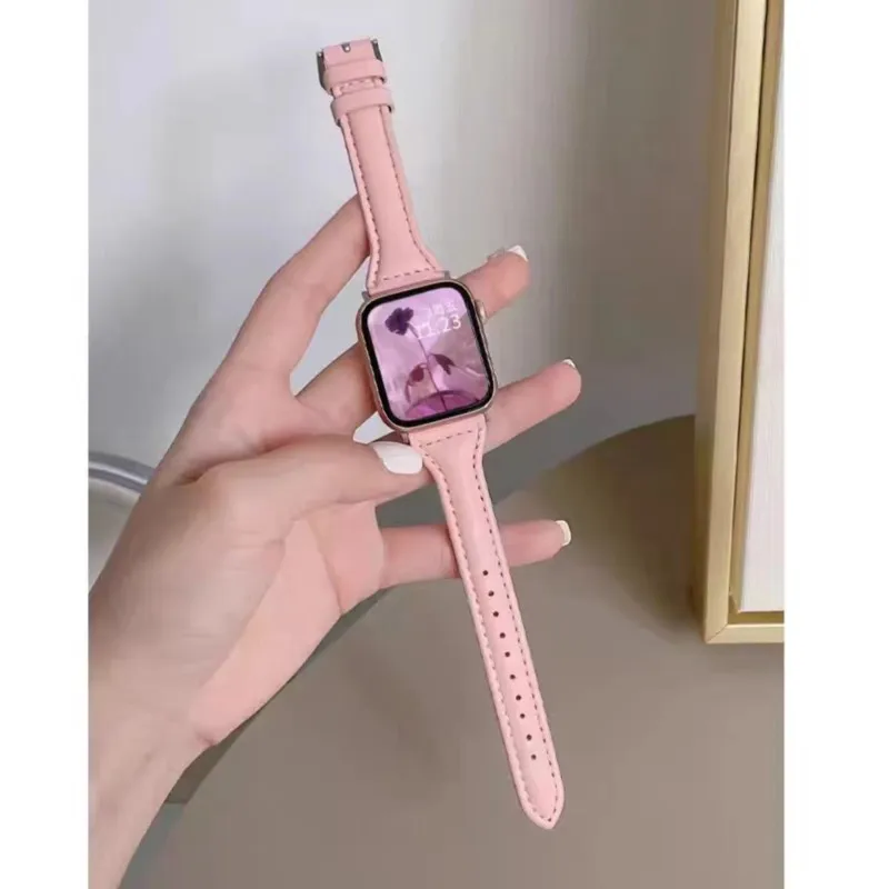 Apple Watch 밴드 용 슬림 가죽 스트랩 44mm 45mm 41mm 40mm 38mm 손목 여성용 팔찌 iWatch 시리즈 9 8 7 6 5 4 3 SE Ultra 2 49mm