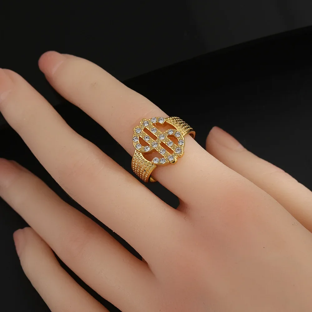 매력적인 골드 달러 사인 반지, 상감 라인석, 트렌디한 발렌타인 데이, 커플 쥬얼리 선물, 크기 조정 가능