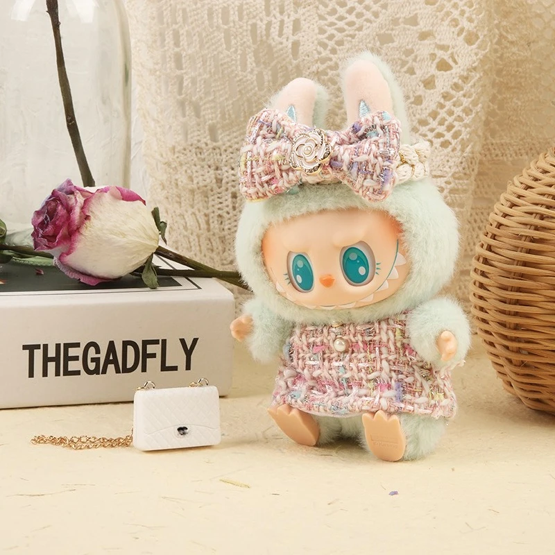 17cm Labubu 아이돌 인형 럭셔리 의류 복장 블랙 드레스 세트 Labubu V1V2 미니 DIY 인형 의류 가방 신발 액세서리